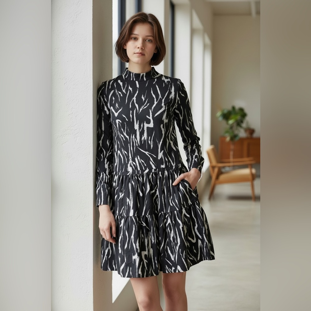 Noni Long-Sleeve Zebra Black White Print Fit & Flare Midi Dress Small Party Date